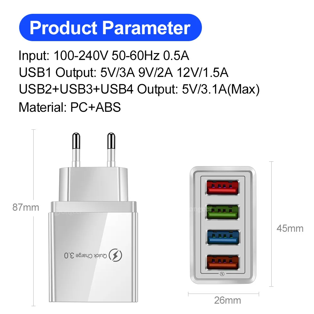 3.1A USB Charger, 4-port QC 3.0 Mobile Phone Charger Adapter For EU, Suitable For IPhone, Samsung, Xiaomi And Wall Chargers
