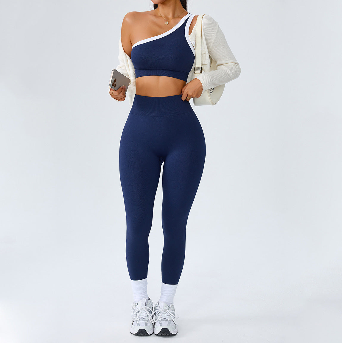 Sports One-Shoulder Beautiful-Back Bra Fitness Outdoor Tight-Fitting Set
