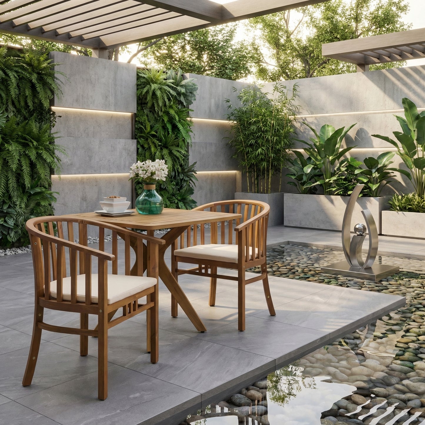 Outdoor Wooden Dining Chairs With Cushions, Set Of 2, Cream, Teak Finish