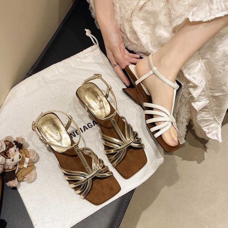 French Style Exquisite Small Sandals For Women's Summer Outdoor Wear. Square Toe, Comfortable, Thick Heel, Not Tiring. Roman High-heeled Sandals