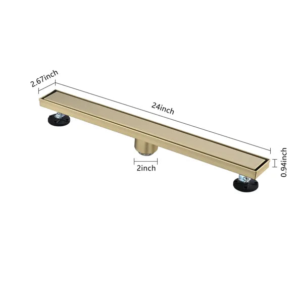 24 Inch Linear Shower Drain With 2-in-1 Flat & Tile Insert Removable Cover, 304 Stainless Steel With Hair Strainer And Leveling Feet, Brushed Gold
