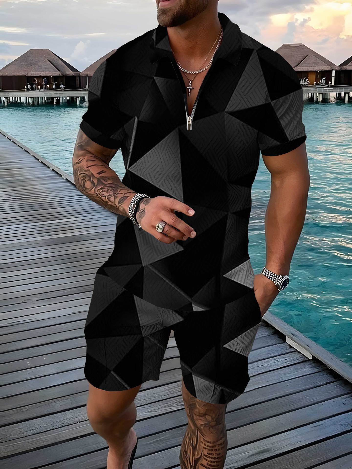 Men's Polo Shirt Summer Fashion 3D Printed Short Sleeve Geometric Zip Lapel