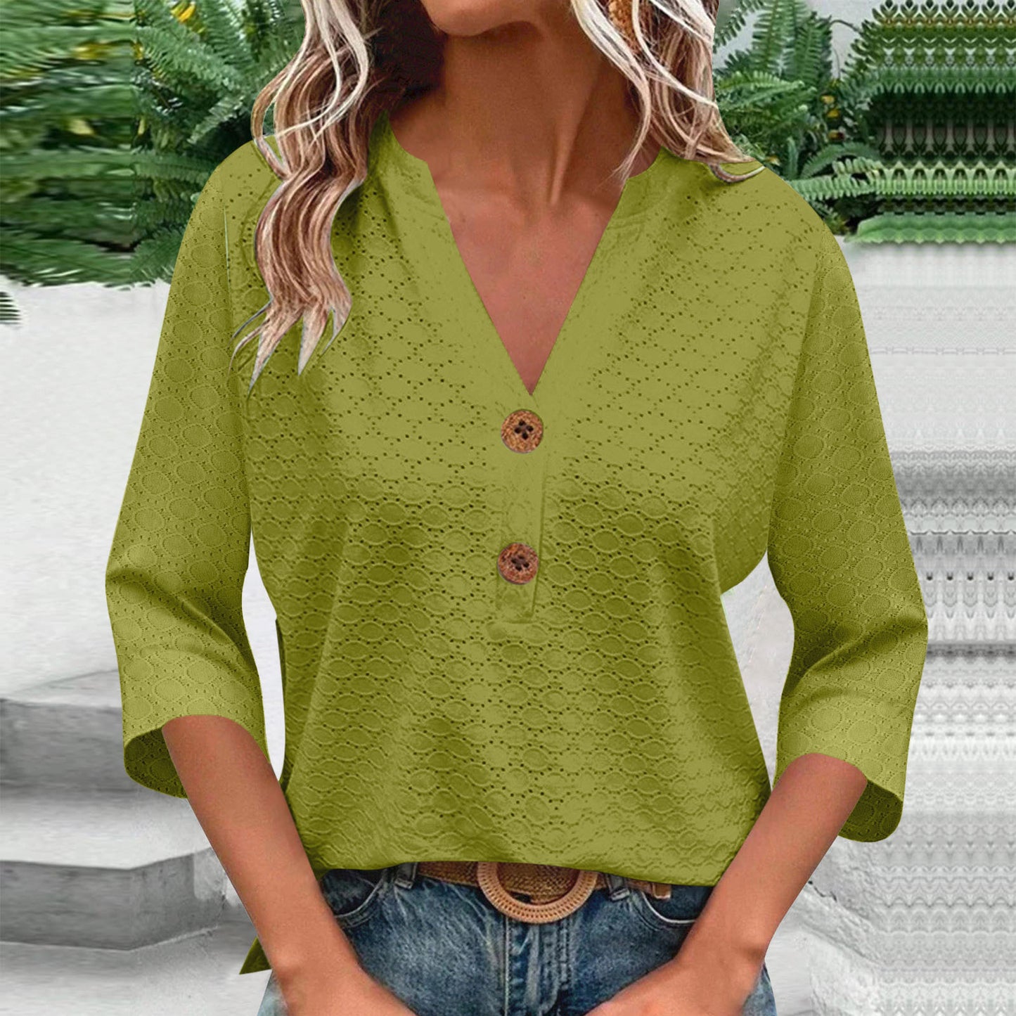 New Womens Fashion Casual Solid-color V-neck Long-sleeve Top With Buttons