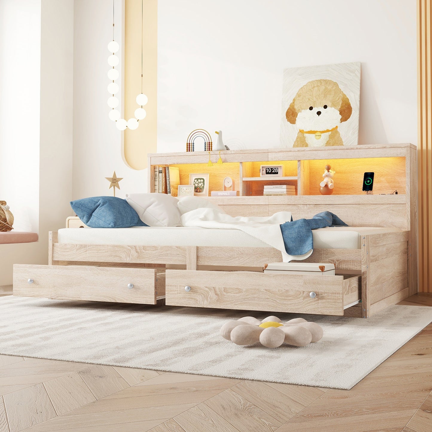 Daybed, 90x200cm Daybed, Sofa Bed, Bedside Table, Bed With 2 USB And 2 Charging Sockets, Ambient Lighting, Bed With Two Drawers, Bed With Slatted Base  Without Mattress , Chipboard, Natural
