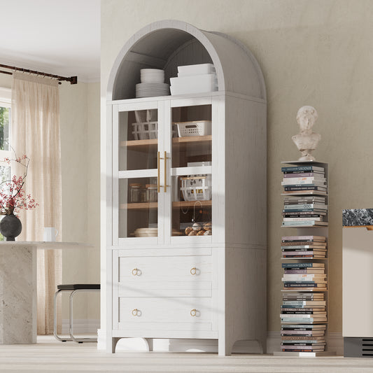 K&K 71  Tall Arched Kitchen Pantry Cabinet With 2 Large Drawers, Modern Farmhouse Kitchen Storage Cabinets With Adjustable Shelves, Glass Door, Wood Versatile Cupboard For Kitchens, Dining Room, White