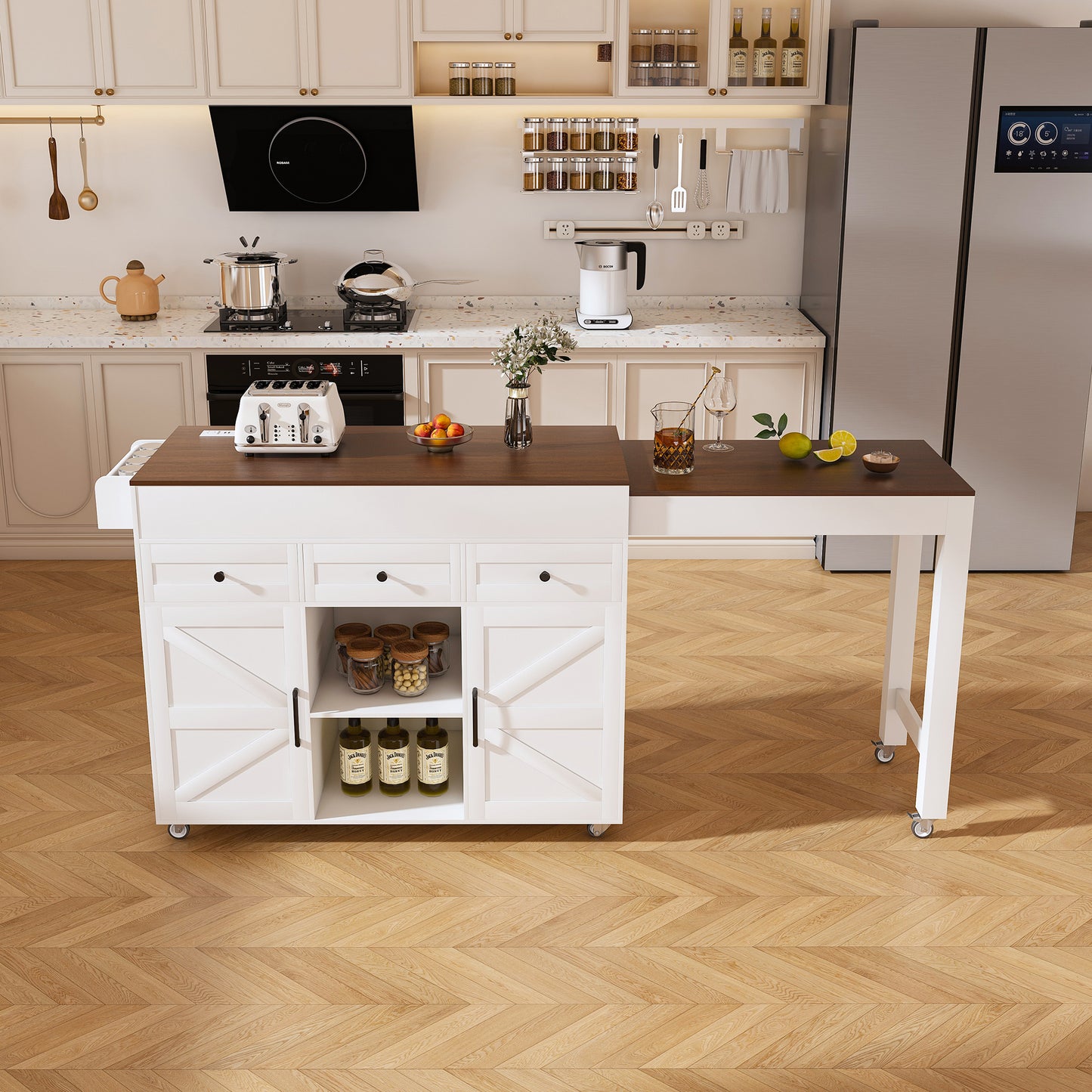 74.8 Kitchen Island With Extendable Dining Table & Power Outlet - Rolling Storage Cart On Wheels With 3 Drawers & 2 Door Cabinet For Dining Room  White