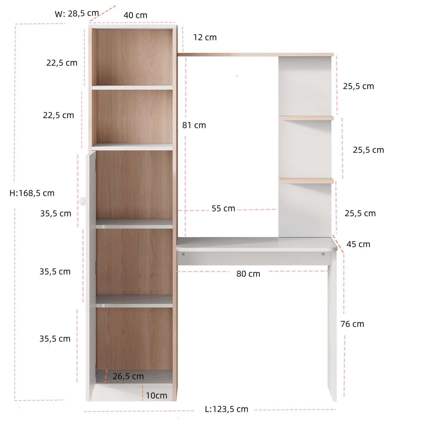 Work Table Desk With Storage   White With Rod Wood Contrast, Lower Cabinet With Doors And Upper Open Shelf, Office Design, 123.5x45x168.5 Cm