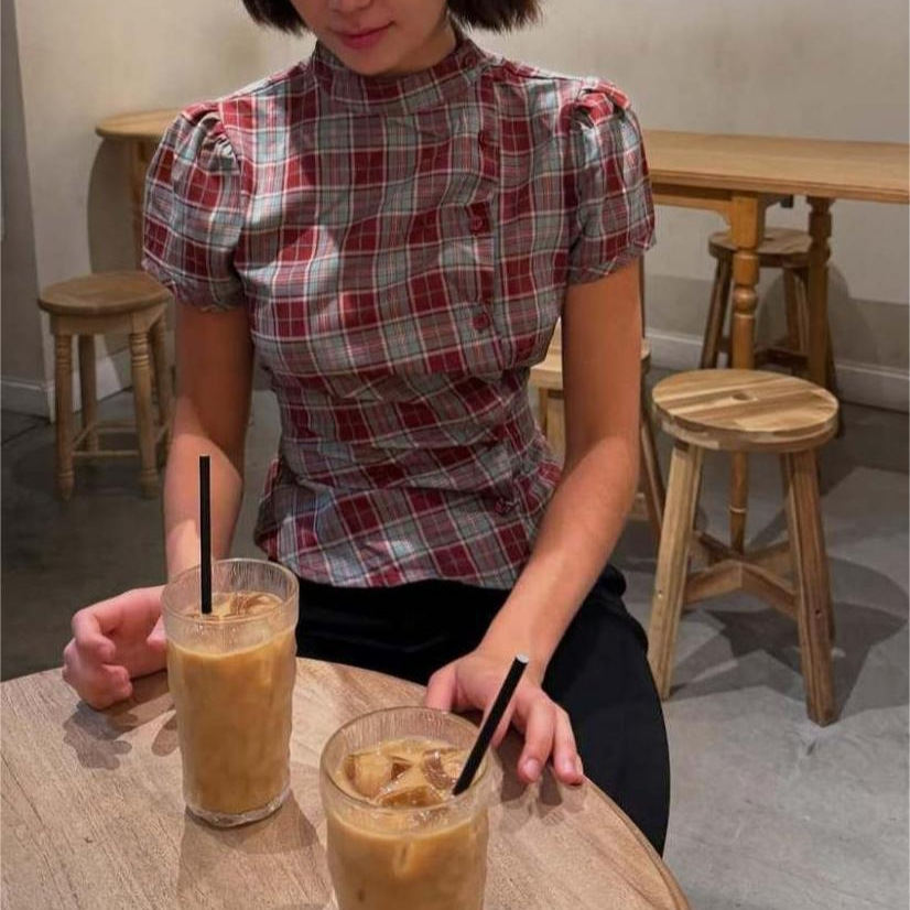 Korean-style Retro Color-block Plaid Stand-collar Short-sleeve Shirt