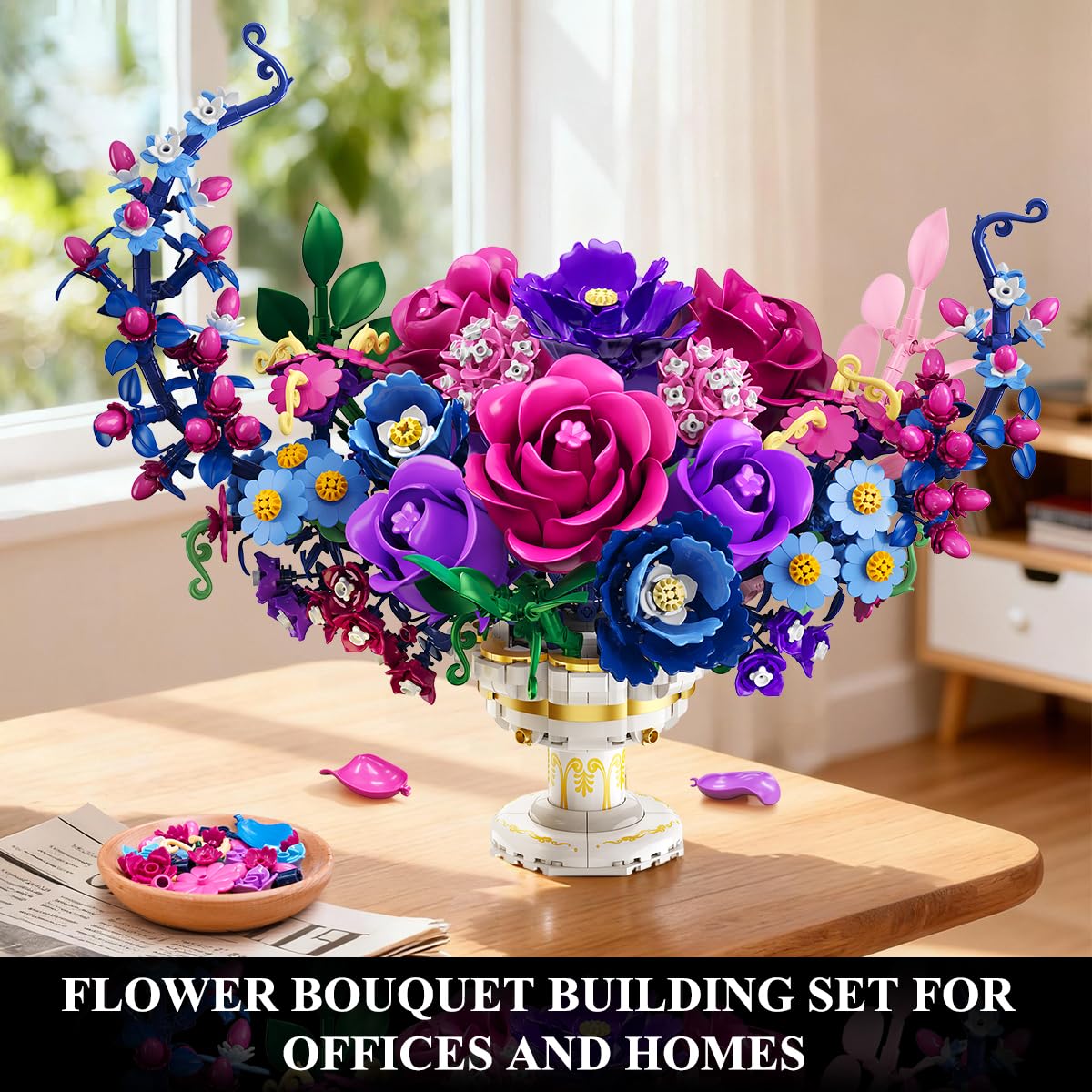 Moon Flower Bouquet Building Set With Lights,Valentines Day Flowers Botanicals Building Block Kit, Bonsai Plant  Home Decor Gift For Adults Women Boys Girls
