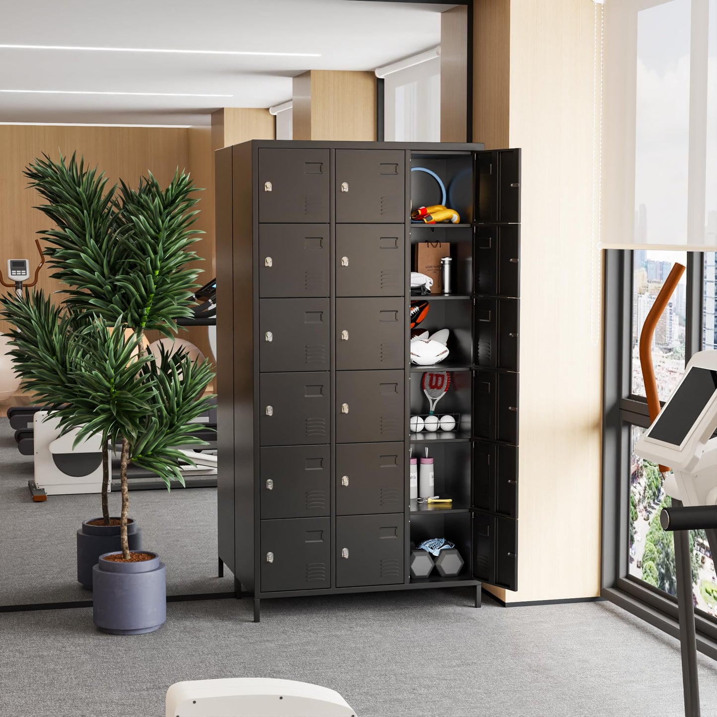 Lockers For Employees, 18 Doors Metal Storage Locker With Card Slot And Ventilation Holes For Office Home School Gym Garage, Black, Assembly Required