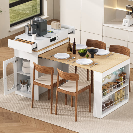 VIDEO TREXM Extendable Dining Table With Folding Tabletop  Bar Table With Drawers And Power Outlet  Kitchen Island With Wheels And Hooks  Sideboard For Kitchen And Dining Room  Creamy White Natural