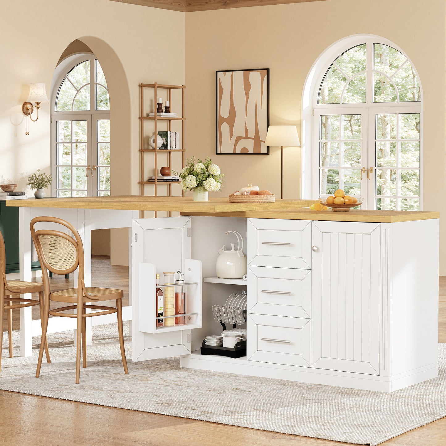 Extendable Sideboard & Table Combo, 120-180 Cm Adjustable Dining Table With Storage, 3 Drawers & Snack Racks, Space-Saving Kitchen Island For Small Flats, White Antique Green