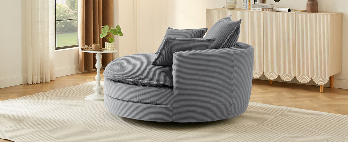360° Swivel Sofa Chair Accent Barrel Chair 57.5"  Swivel Round Chair with Dual-layer Cushion Design and 3 Removable Pillows for Living Room, Bedroom, Office and Hotel, Grey