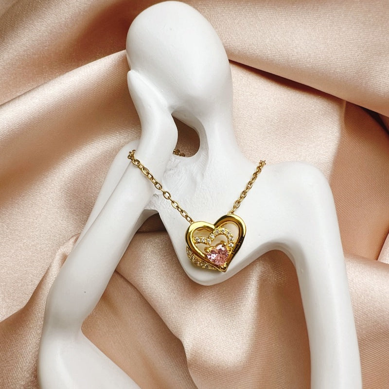 New Heart-shaped Diamond Inlaid Birthstone Pendant Necklace