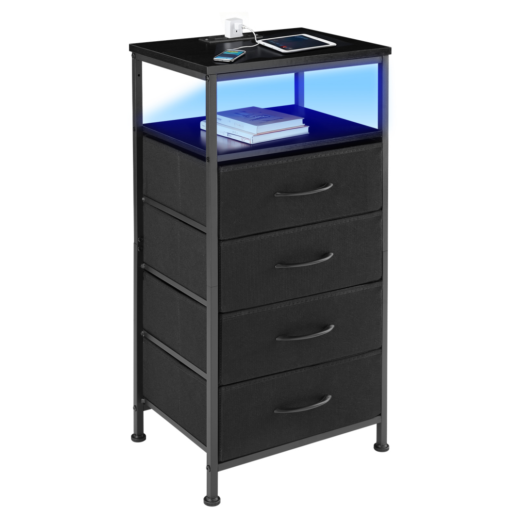Nightstand With Charging Station, Bedside End Table With 5 Fabric Drawers & USB-Type-C Ports And Outlets