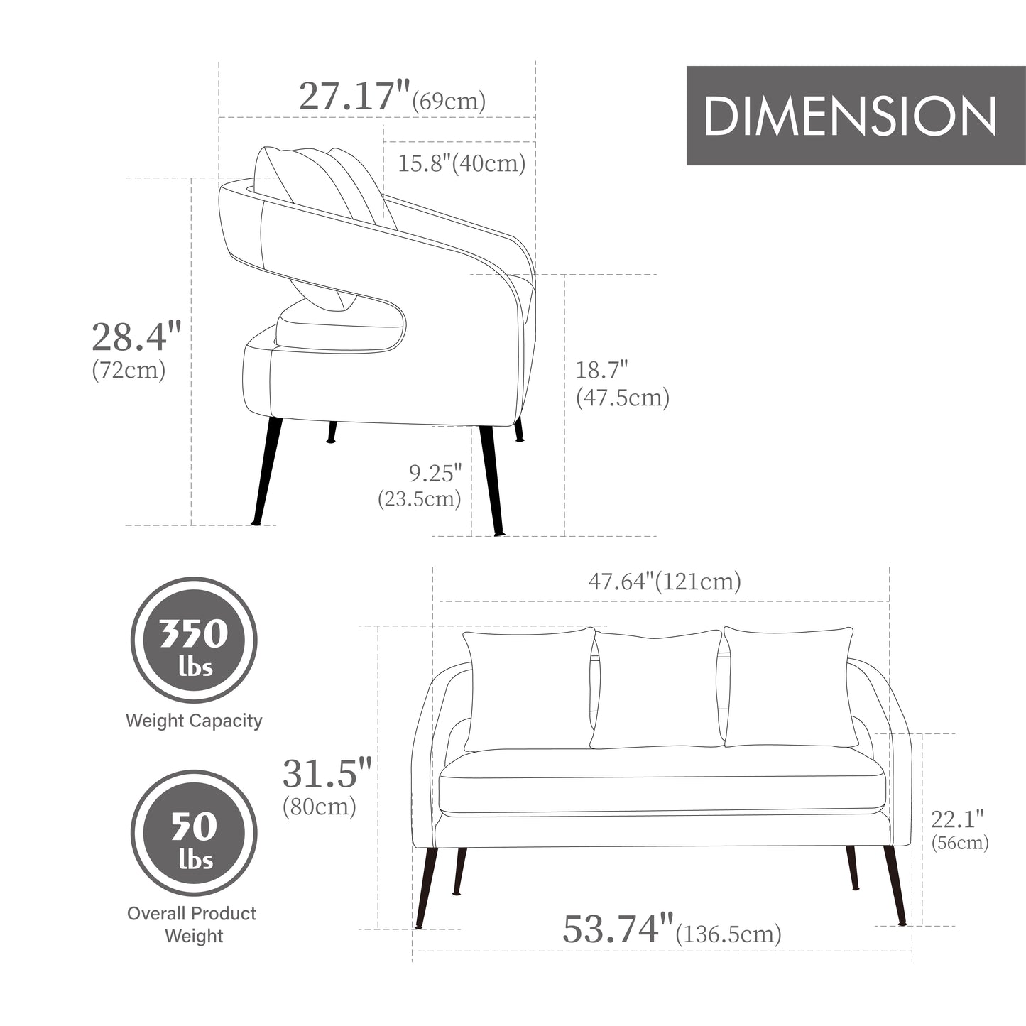 53.7 Modern Upholstered Velvet Open Back Loveseat Settee With 3 Pillows, Small Comfy Sofa 2-Seater Mini Sofa For Small Space With Metal Legs, Living Room Bedroom Office Dorm Studio Apartment, Beige