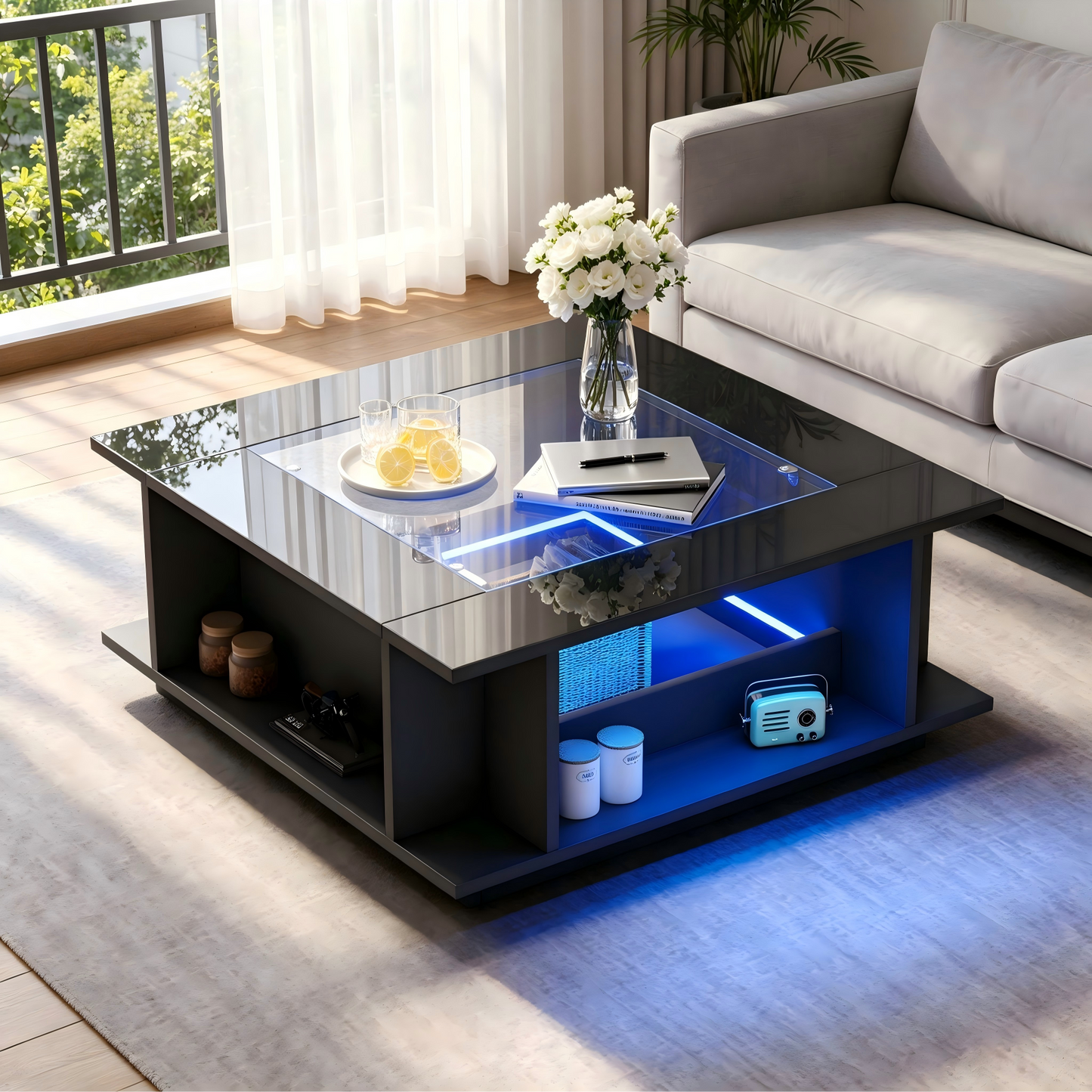 Coffee Table 70x70x30 Cm, Square Coffee Table In Black With Glass Top, High-gloss Surface & LED Lighting, Side Table, Coffee Table, Living Room Table Made Of Chipboard, Loadable Up To 30 Kg