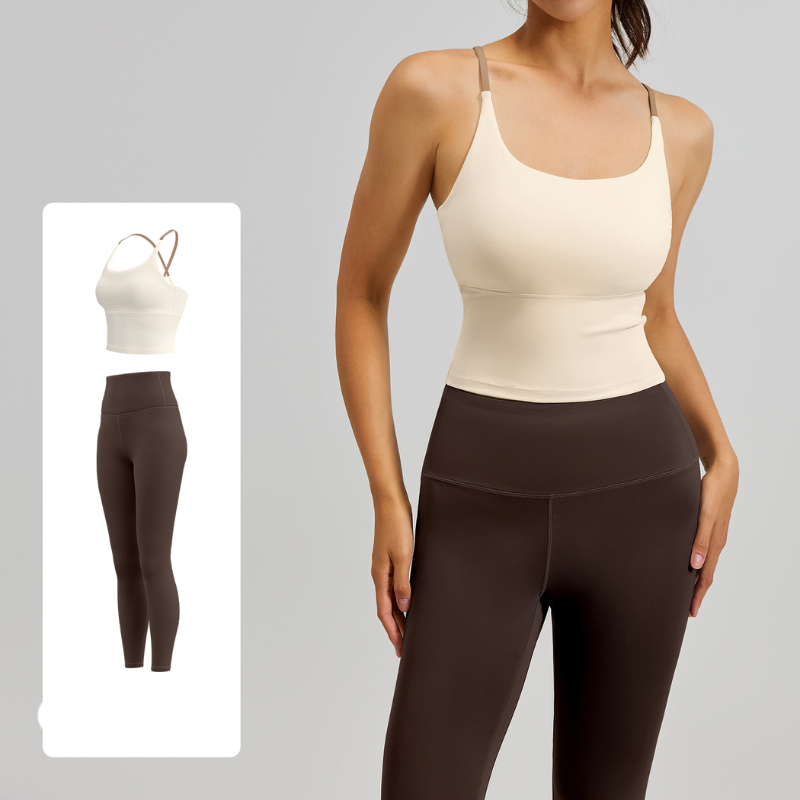 Women's Two-Piece Sports Fitness Outfit With Camisole Top & Long Pants, Color Block Shockproof Yoga Wear For Indoor Training