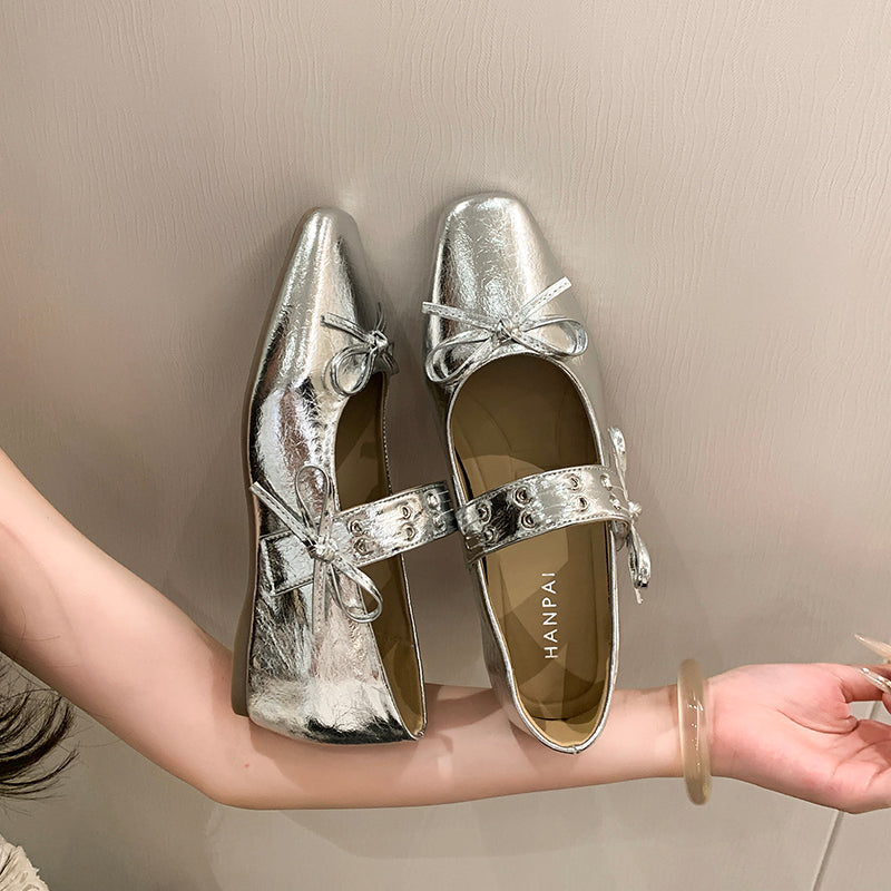 2026 New Summer Silver Hidden Heel Mary Janes For Women, French Ballet Flat Shoes With Single Strap, Match Dresses Perfectly