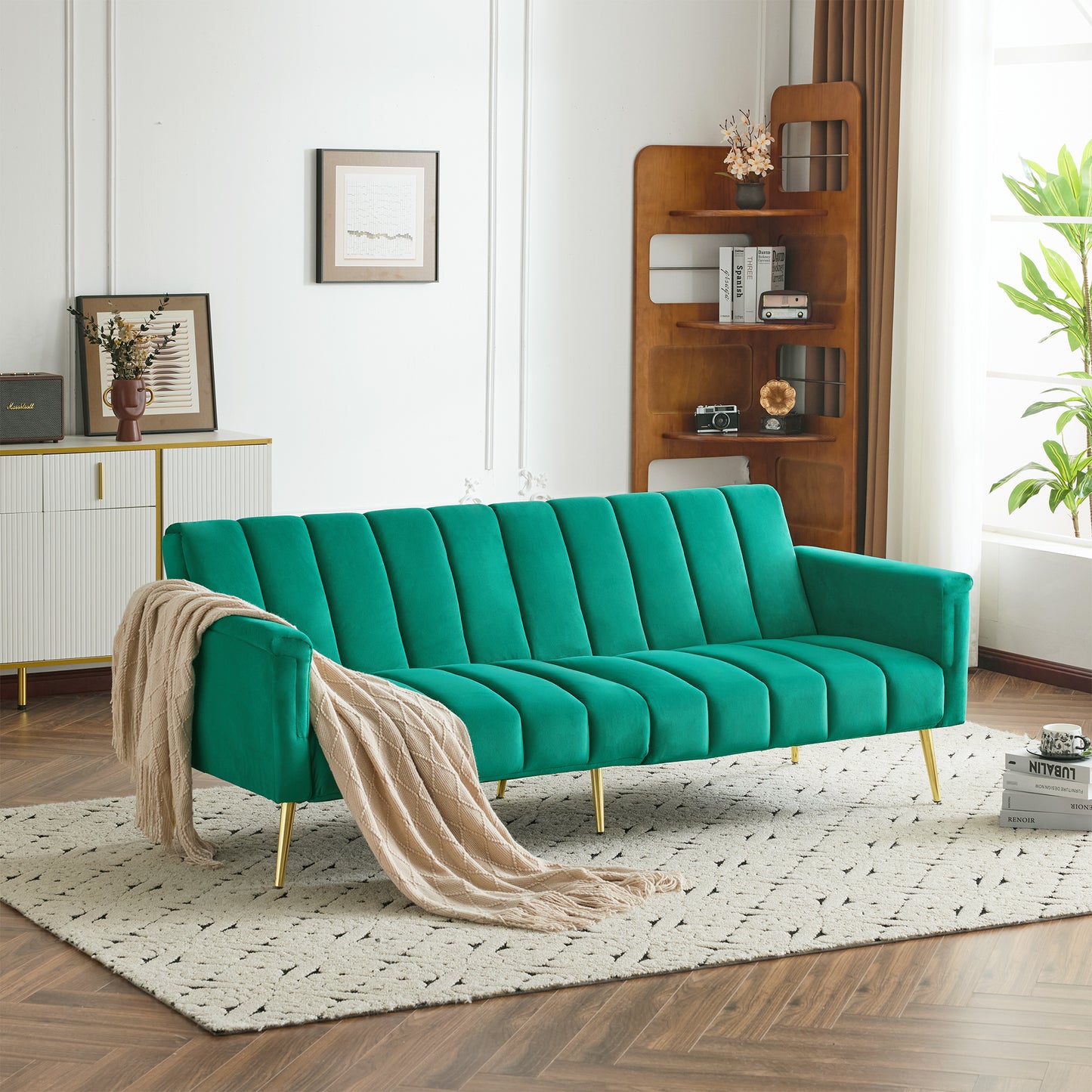Modern Adjustable Velvet Sofa Bed With Multi Position Backrest & Armrests, Metal Legs, Convertible Sleeper Function, Ideal For Living Room, Bedroom, Home Theater & Guest Room, Green, Video Included