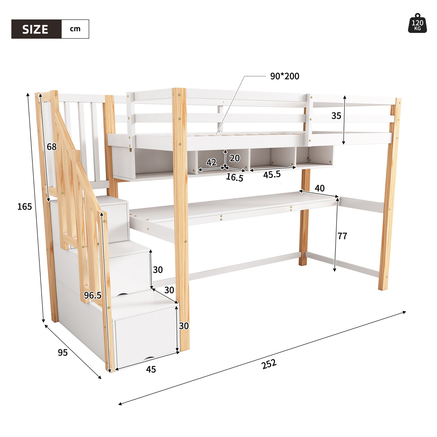 Children's Loft BedChildren's Bed With Large Desk And Shelves, Eco-Friendly Colors, Natural And White