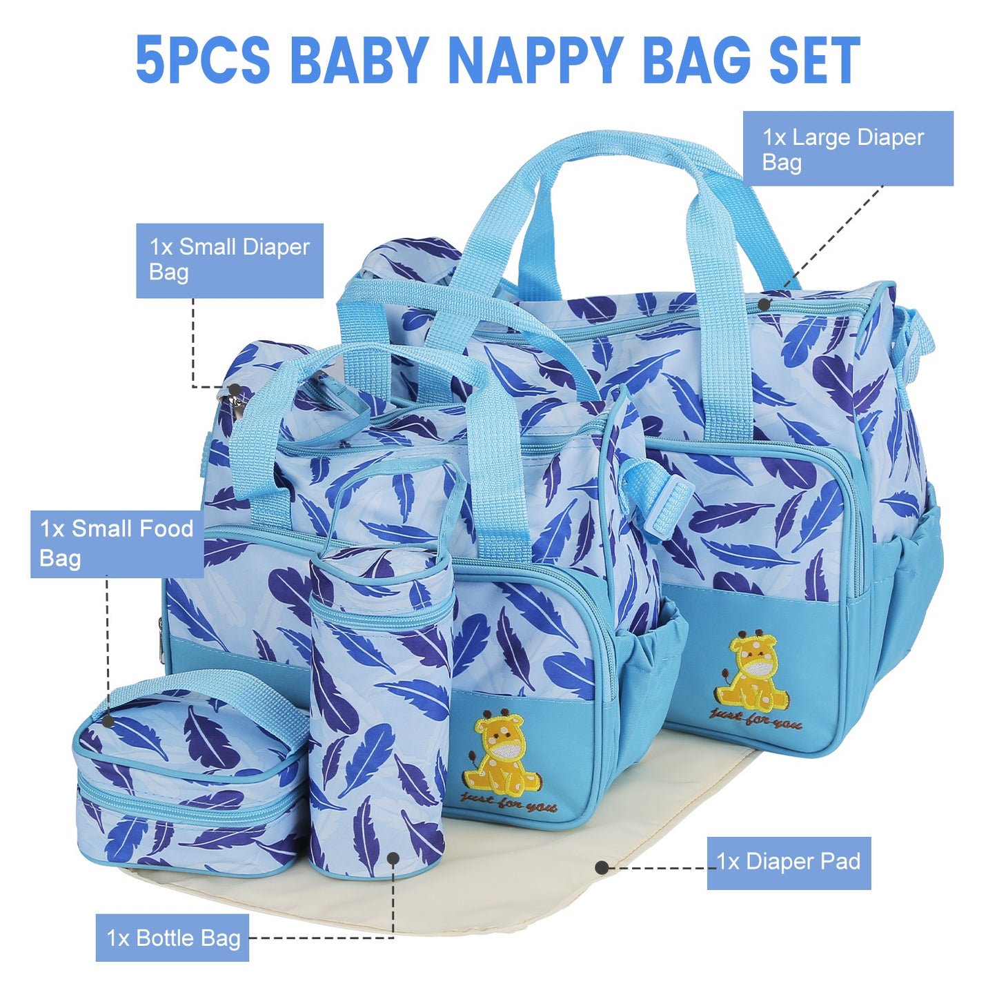 5Pcs Baby Nappy Diaper Bags Set For Picnic Mummy Diaper Handbags With Diaper Pad Food Bag Bottle Bag Travel Tote Bags For Mom Dad