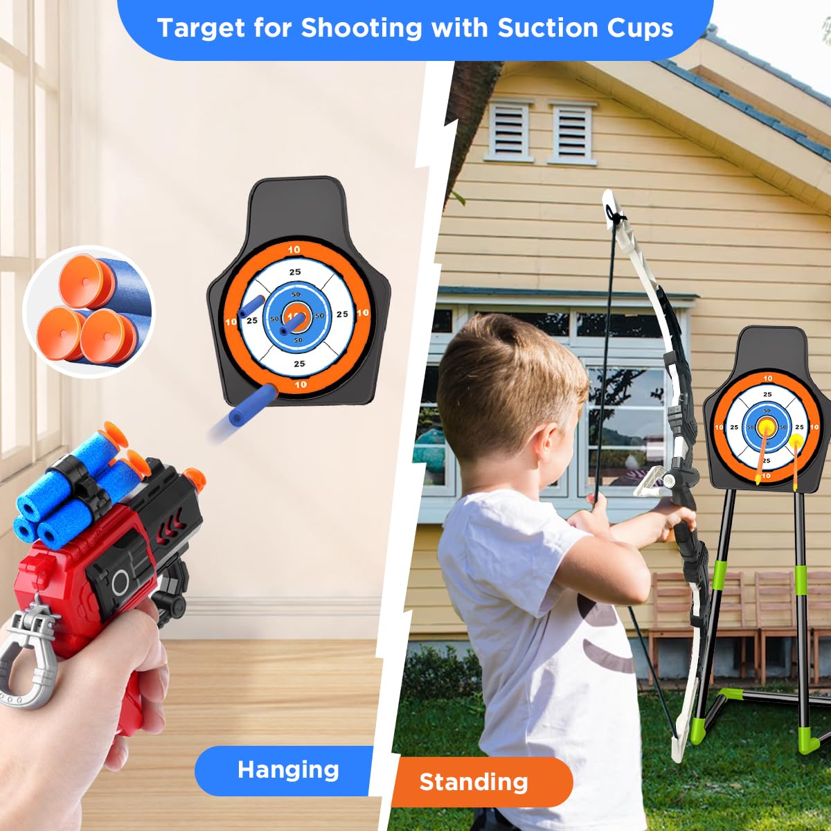 VATOS 2 Pack Bow And Arrow Toy With LED Light-4 In 1 Archery & Dart Game Set With 20 Suction Cup Arrows, Shark Glow Target & Dart Board - Indoor Outdoor Birthday Gift For Kids Boys Girls Ages 5-12
