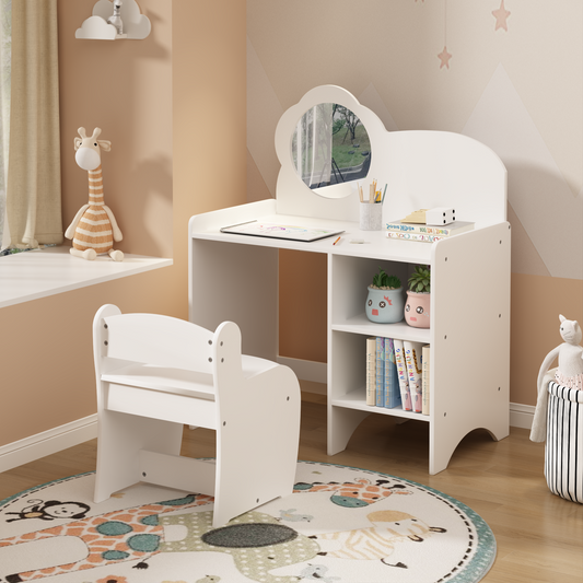 Kids Vanity Table With Mirror And Chair, Wooden Children's Dressing Makeup Desk With Storage Shelves, Study And Activity Table For Girls And Boys, Playroom Bedroom Furniture - White