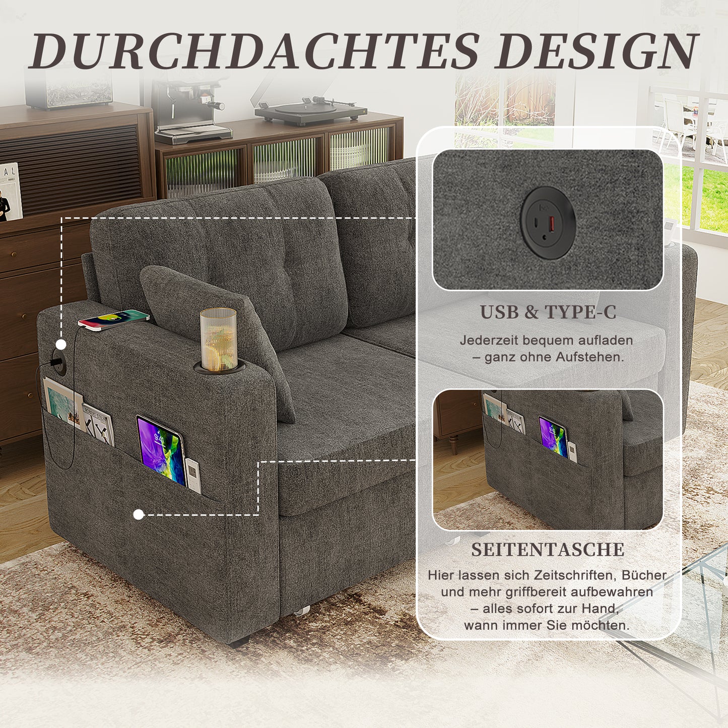 Two-seater Sofa With Two Storage Drawers And USB Charging Ports, With Cup Holders And Side Pockets, Equipped With Hidden Storage Compartments. Suitable For Living Rooms, Apartments And Reading Corners