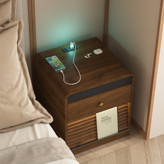 Nightstand With Charging Station, Smart Nightstand With Night Light,with Led Lights,Bedside Tables With Storage Cabinet For Bedroom,Wood