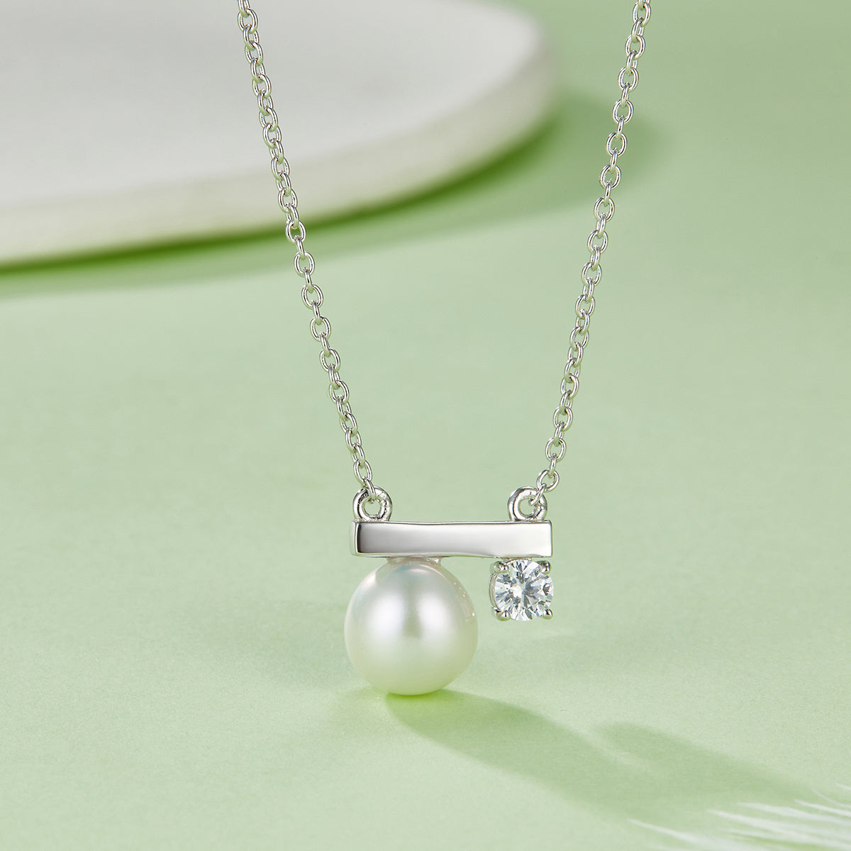 S925 Sterling Silver Natural Freshwater Pearl Necklace Asymmetrical Balance Bar Design Platinum Plated 2g Gift Box