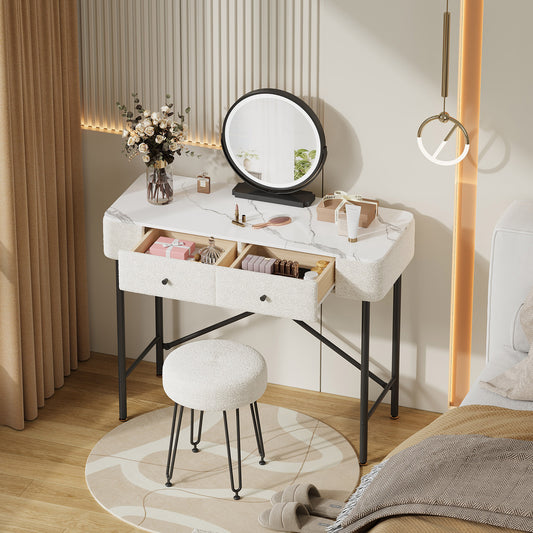 Dressing Table With Lighting And Stool, Dressing Table With LED Mirror, 2 Drawers, Table Top With Marble Look, Modern Cosmetic Table With Fleece Decoration, Black & White, 100x40x120cm