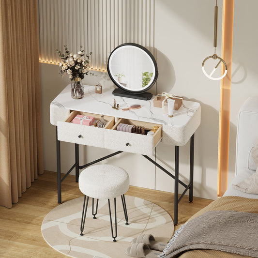 Dressing Table With Lighting And Stool, Dressing Table With LED Mirror, 2 Drawers, Table Top With Marble Look, Modern Cosmetic Table With Fleece Decoration, Black & White, 100x40x120cm