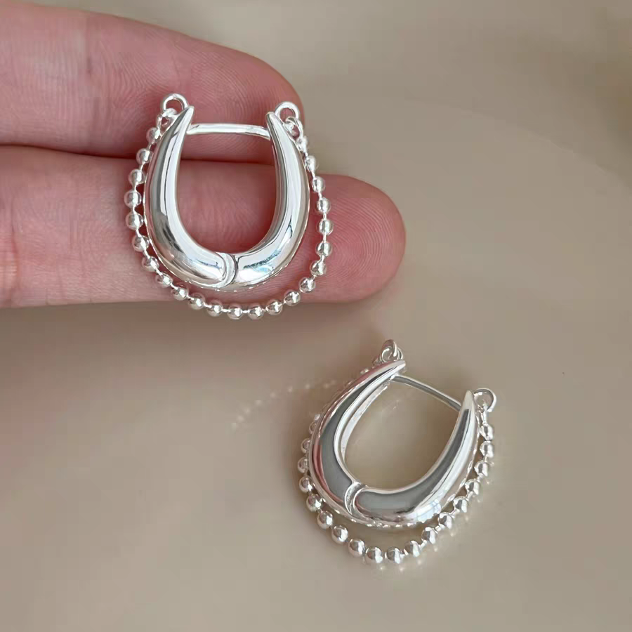 1 Pair 999 Sterling Silver Beaded Chain Hoop Earrings, Minimalist Style, Perfect For Daily Wear And Valentine's Gift