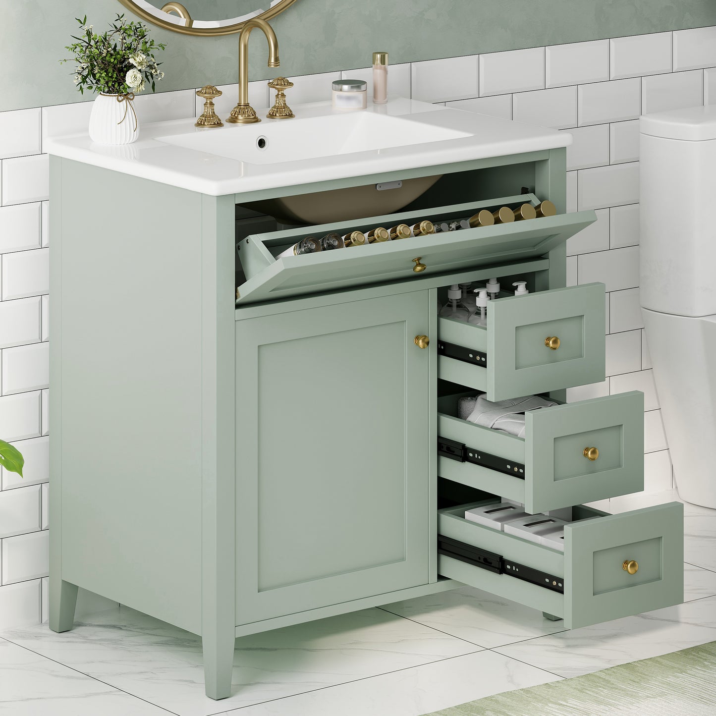 30-Inch Green Bathroom Vanity With Sink, Modern MDF And Rubberwood Cabinet With 3 Drawers And Adjustable Shelf, Freestanding Vanity For Bathroom Storage And Organization Left Door
