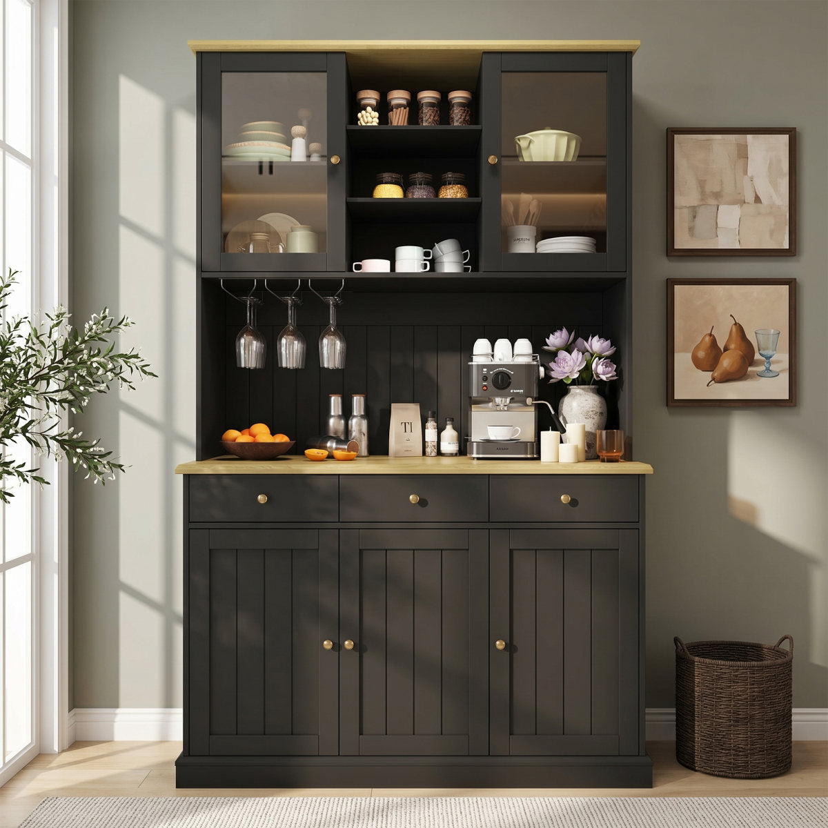 Kitchen Cabinets   120 X 40 X 191 Cm  , Tall Kitchen Cabinets, Sideboards,  Features Include A Power Outlet   2 Power Outlets  USB-A  USB-C   And A Wine Glass Holder, Adjustable Shelves,  Black