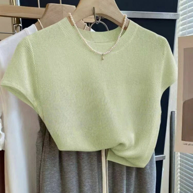 Korean-style Elegant Round-neck Minimalist Knitted Short-sleeve Top For Women