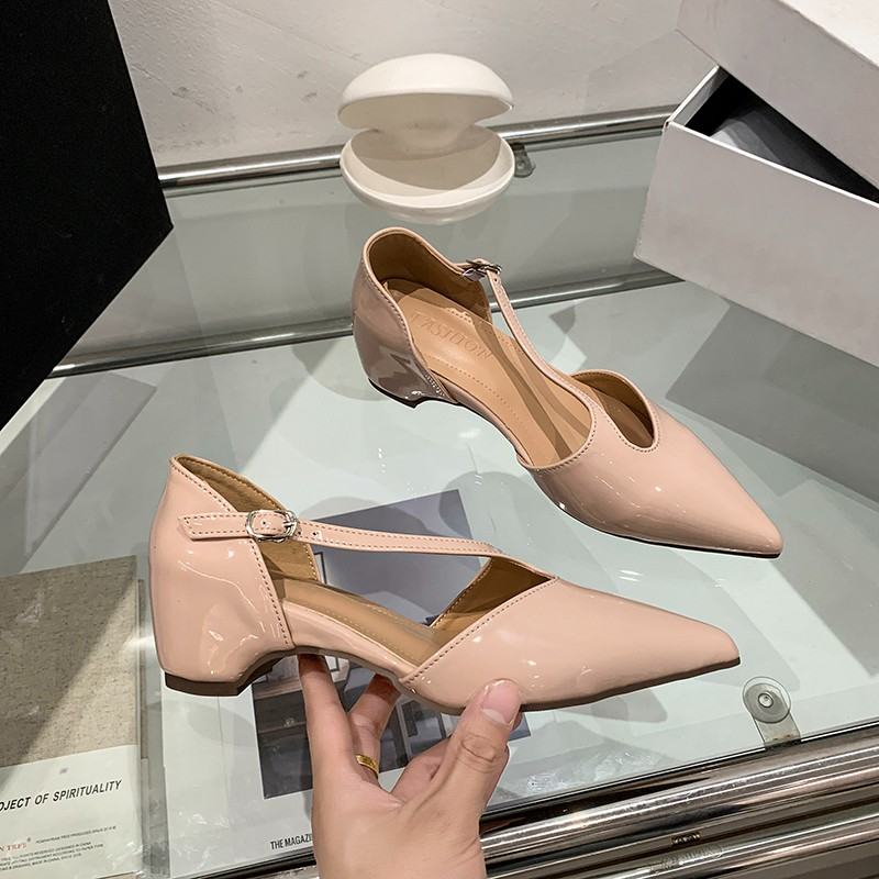 Women French Pointed Toe Low Cut Block Heel Pumps, Professional Commute Shoes, Ankle Strap Mid Heel Elegant Fashion Mary Jane Shoes