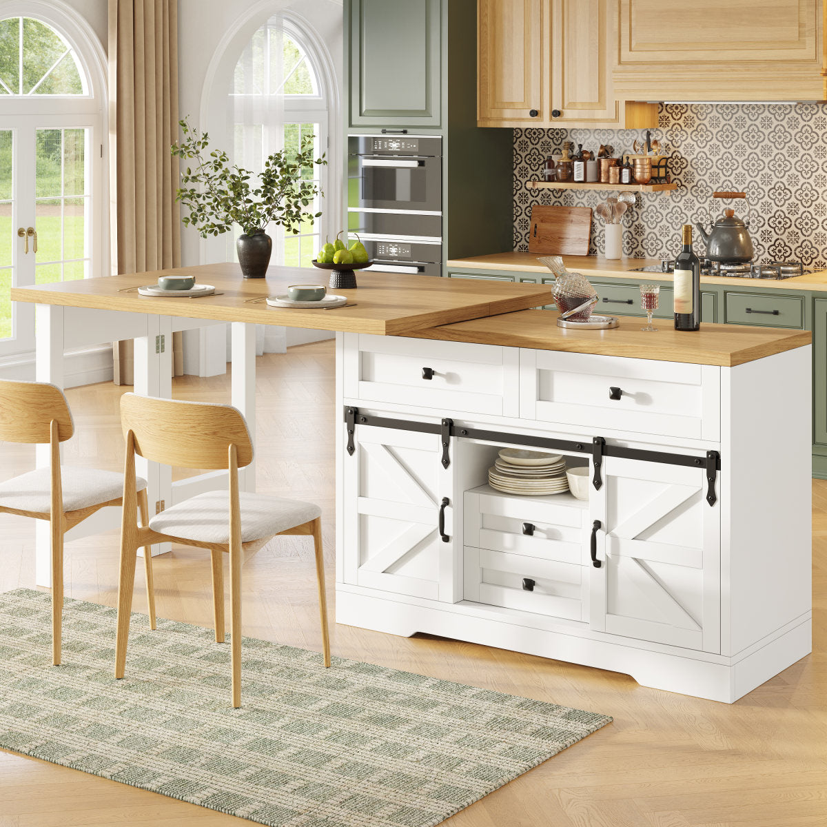 Extendable Sideboard & Dining Table Combo, Kitchen Storage Cabinet With Adjustable Shelves & Drawers, Multi-Functional & Space-Saving , White