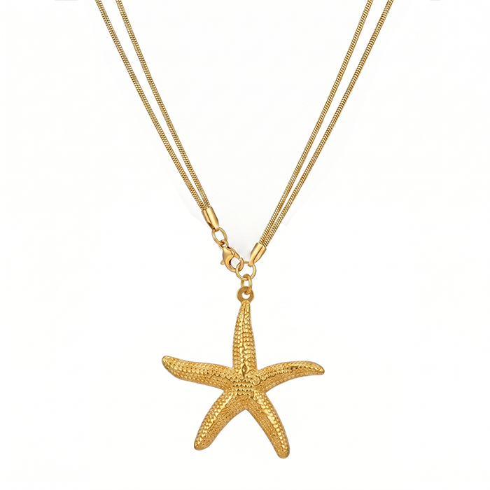 Double Layer Starfish Pendant Necklace For Women, 18K Gold Plated Stainless Steel Snake Chain Choker, Summer Beach Vacation Jewelry Gift