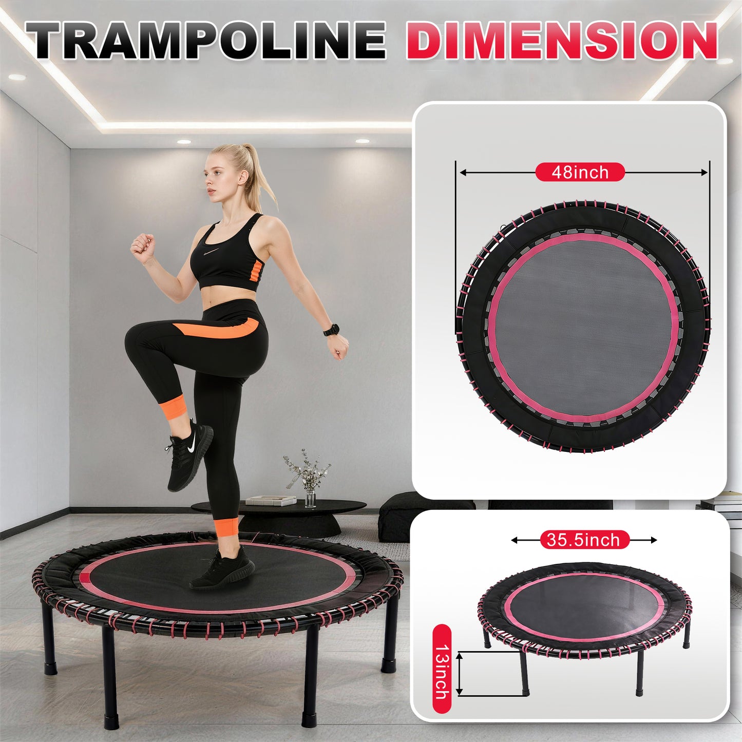48 INCH Springless Mini Fitness Trampoline , Indoor Outdoor Exercise Rebounder For Quieter And Safer Workouts, Loading 450lbs, GYM Jumping Cardio Trainer ,Family Kids  Adult Exercise Trampoline