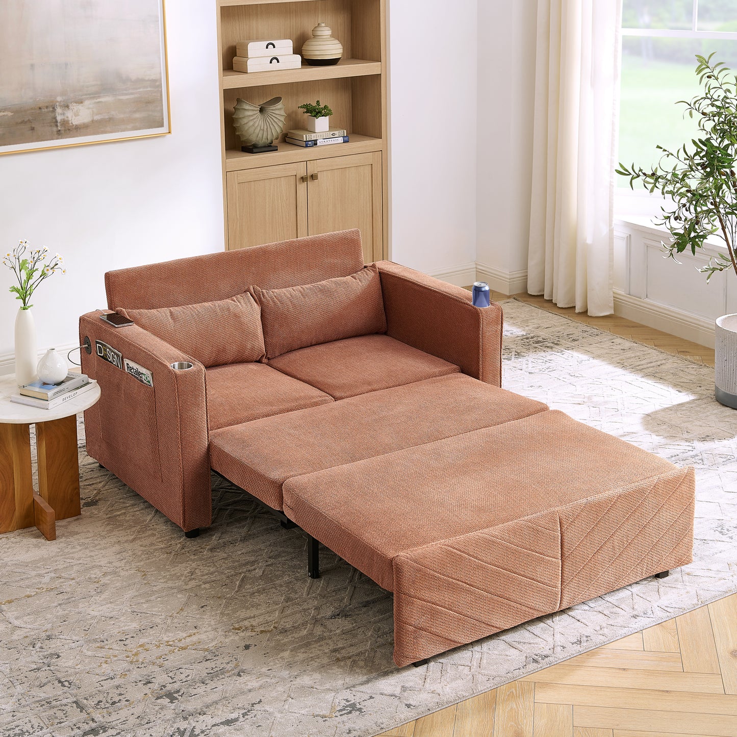 3-in-1 Minimalist Grand & Elegant Light Luxury 2-Seater Sofa Bed, Slide-to-Transform Design, USB Charging, Perfect For Napping, Orange