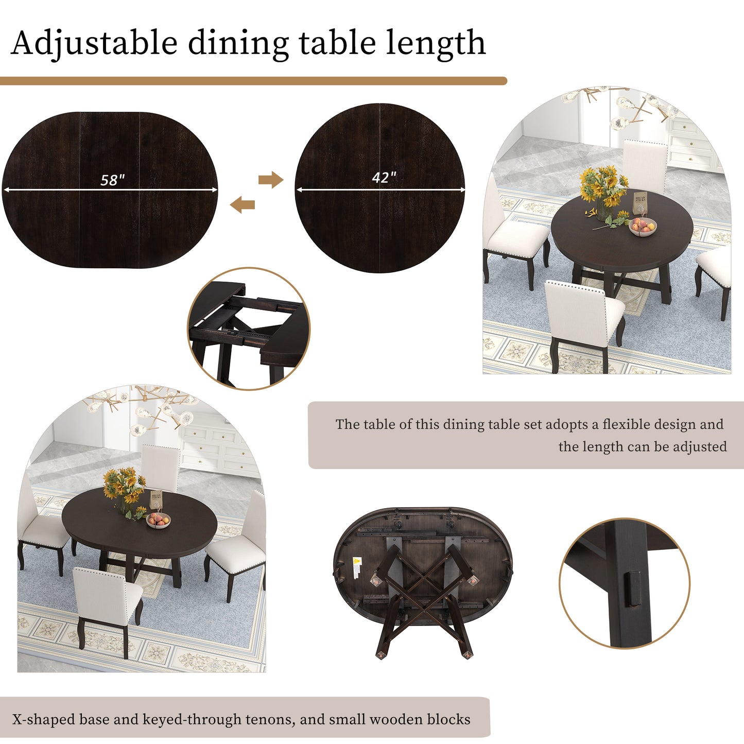 TREXM Farmhouse Round Extendable Dining Table With 16 Leaf Wood Kitchen Table  Espresso