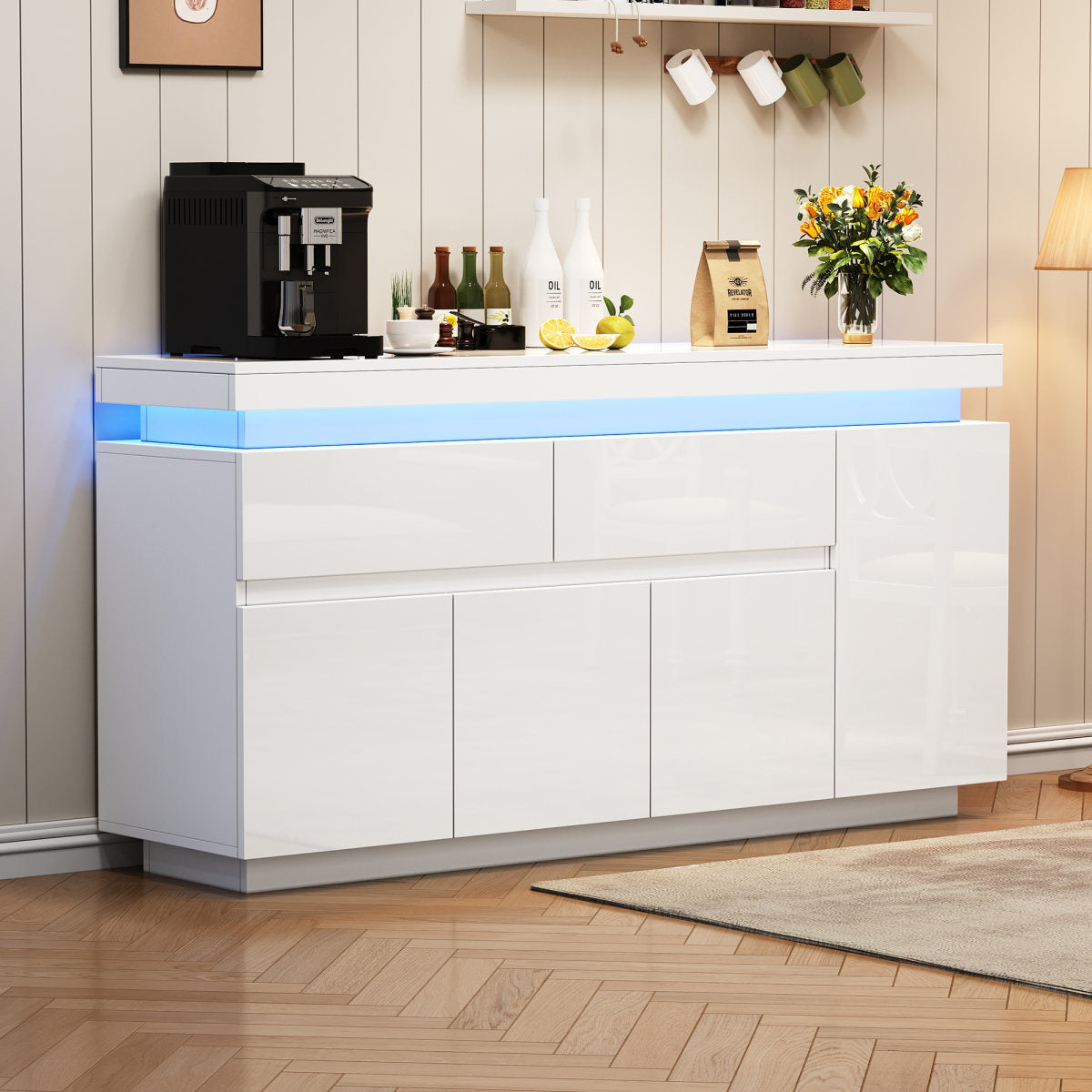 White High Gloss Sideboard With RGB LED Lights, App-Controlled Cabinet With 4 Doors 2 Drawers,Modern Storage Cupboard Unit For Living Room, Bedroom, Dining Room,140 X 35 X 72,5 Cm