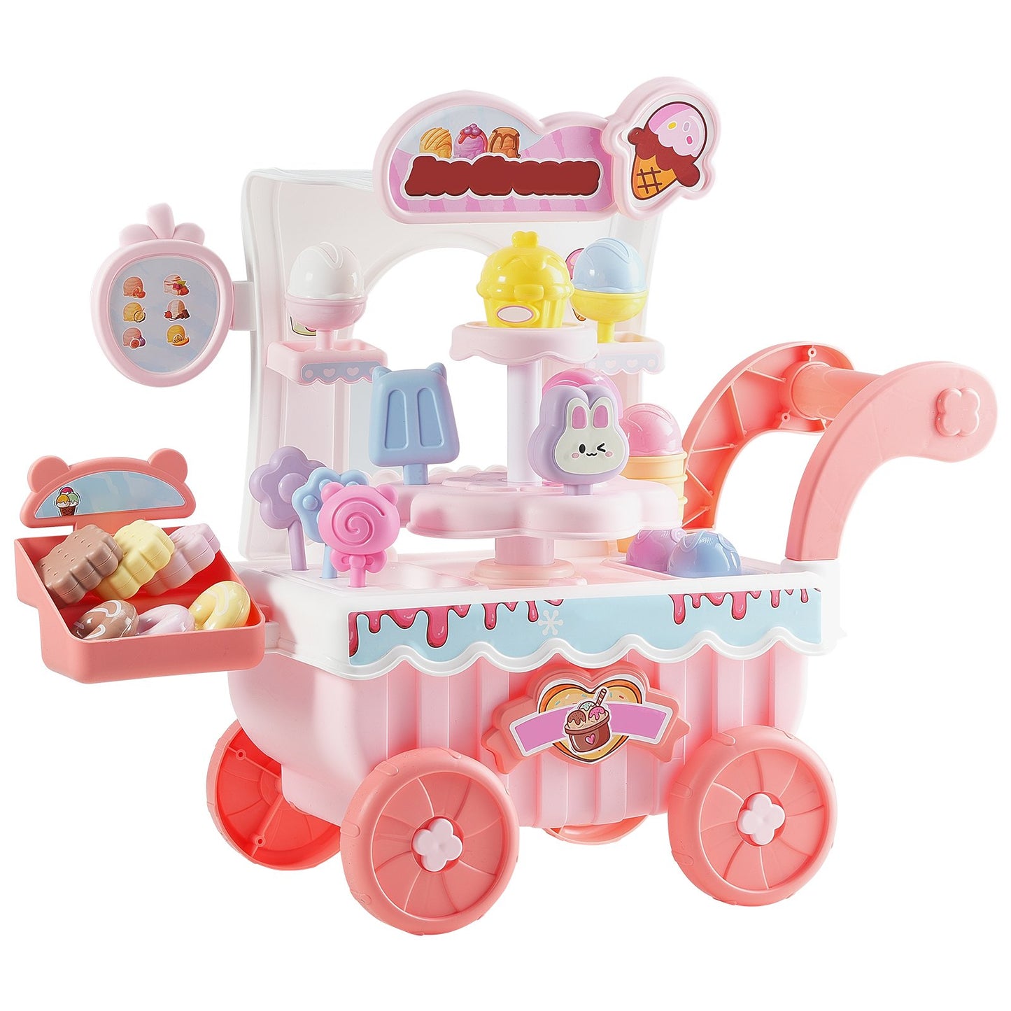 Ice Cream Cart For Kids, 27 PCS Accessories, Pretend Play Store With Storage Trolley With Pretend Money, Sound & Light Effects, Montessori Educational Ice Cream Truck Toys For Toddlers 3+ (Pink)