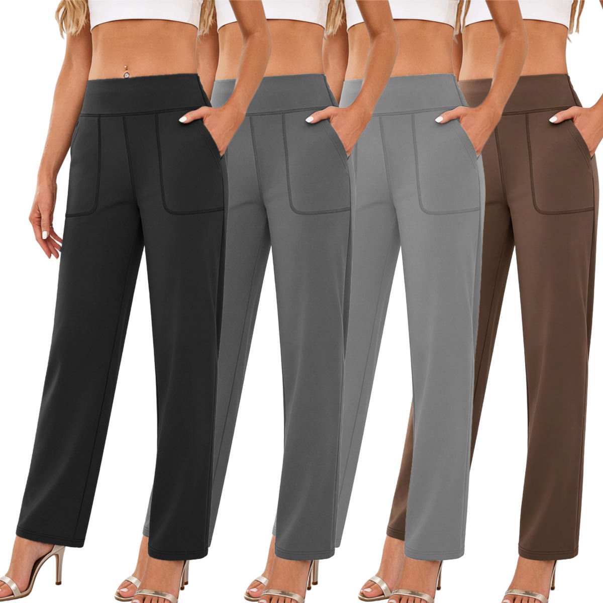 High-waisted Straight-leg Slightly Flared Yoga Pants With Pockets And Tummy-control Design