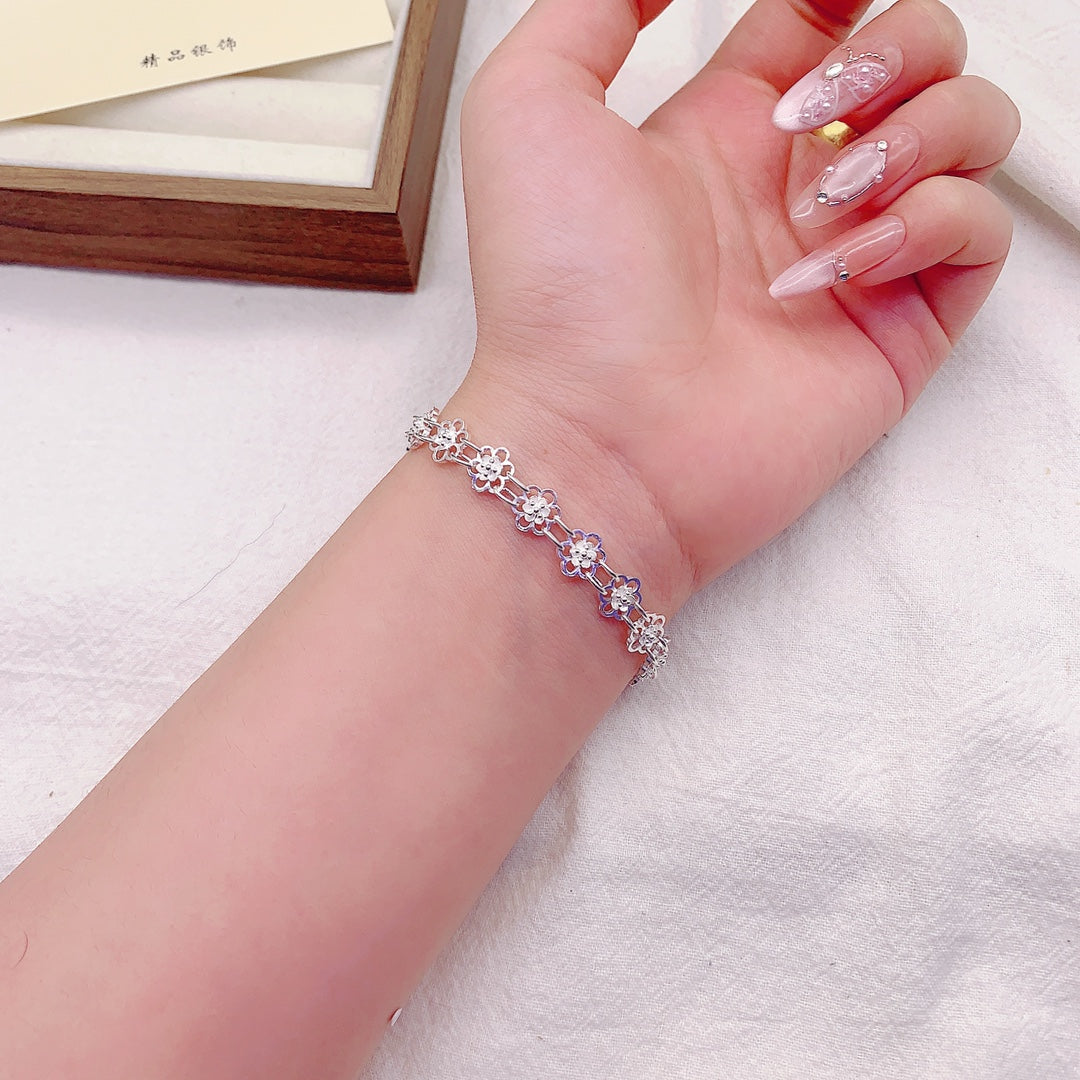 1pcs 999 Sterling Silver Connected Flower Bracelet, Elegant Sweet Style, Ideal For Birthday & Holiday Gifts