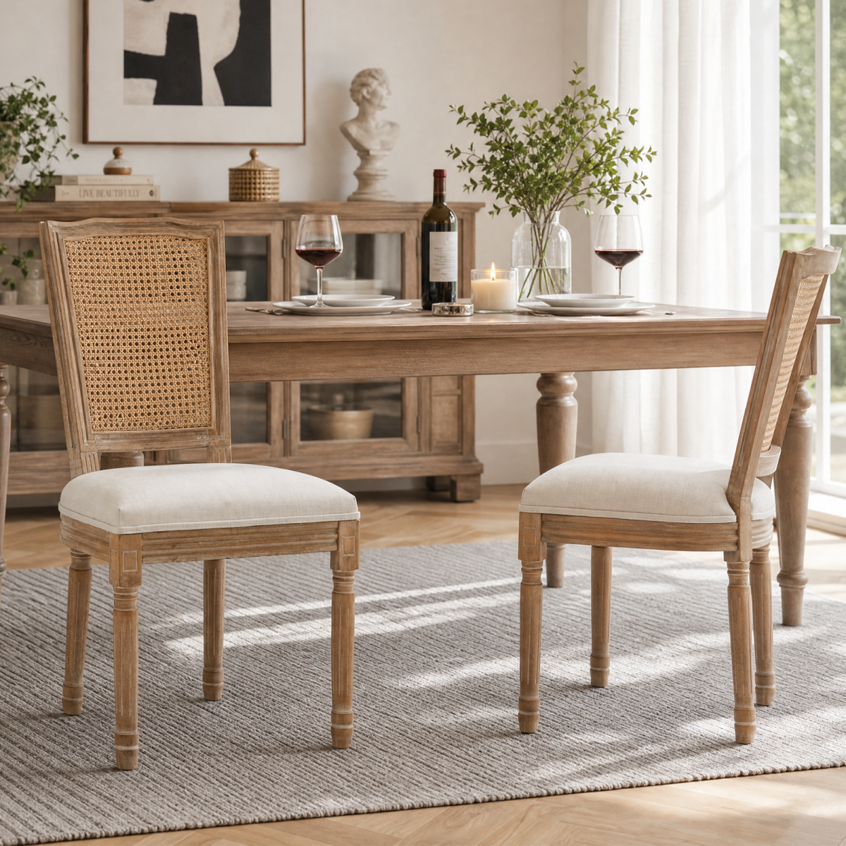 Farmhouse Solid Wood Frame Dining Chairs with Cushioned Linen Seat & Woven Rattan Top-Wide Backrest for Kitchen, Dining Room, Living Room, Beige, Set of 2