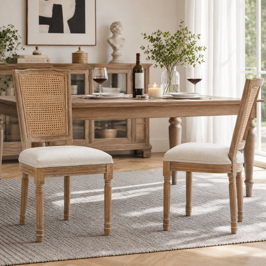 Farmhouse Solid Wood Frame Dining Chairs with Cushioned Linen Seat & Woven Rattan Top-Wide Backrest for Kitchen, Dining Room, Living Room, Beige, Set of 2