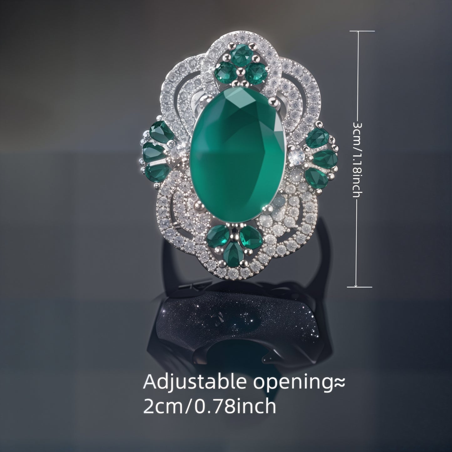 Oval Cabochon Green Gem Mixed Emerald & White Crystal Filigree Open Adjustable Cocktail Ring For Women, Copper Silver Plated Antique Hollow Floral Wedding Banquet Statement Jewelry Gift